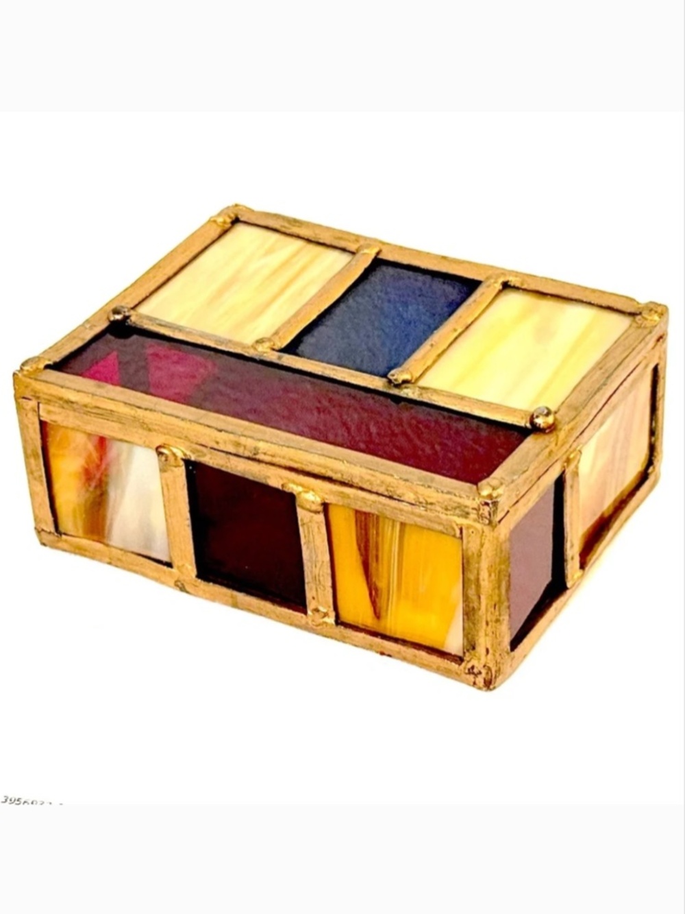 Vintage Tiffany Style Stained Glass Trinket Box 1980s Hinged Jewelry Box